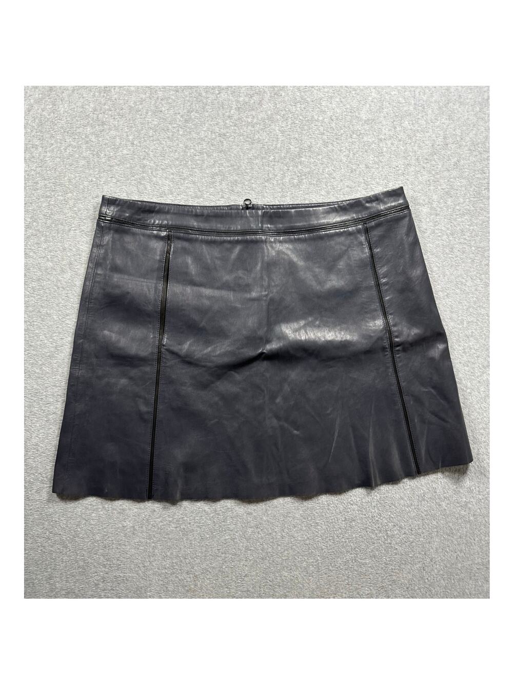 Vince Bitone Leather Mini A-Line Skirt Women's 12 Blue Black Trim NWT